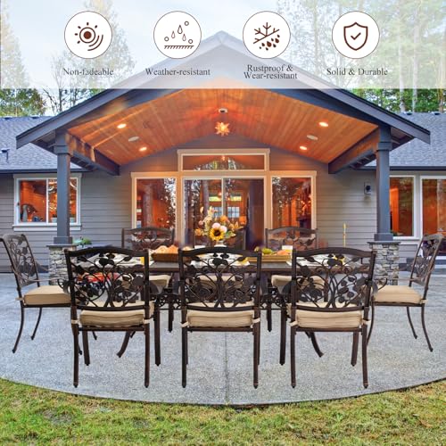 9-Piece Cast Aluminum Outdoor Dining Set, Copper Red Patio Furniture for 8 Includes Unique Strawberry & Leaf 87" Rectangular Outdoor Dining Table and 8 Stackable Chairs with Cushions & Umbrella Hole