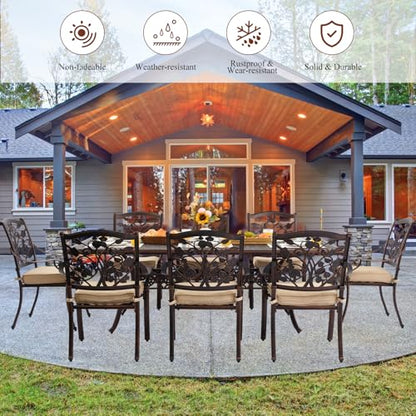 9-Piece Cast Aluminum Outdoor Dining Set, Copper Red Patio Furniture for 8 Includes Unique Strawberry & Leaf 87" Rectangular Outdoor Dining Table and 8 Stackable Chairs with Cushions & Umbrella Hole