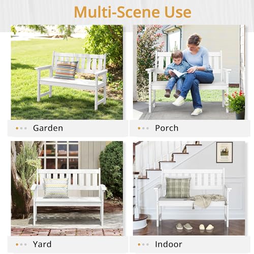 LUE BONA Outdoor Bench, 2-Person HDPS Garden Bench, Outdoor Benches Weatherproof, All-Weather Fade/Rot Resistant Patio Bench for Park, Front Porch, Backyard (White)