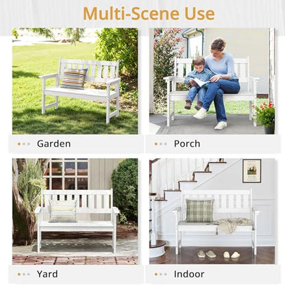 LUE BONA Outdoor Bench, 2-Person HDPS Garden Bench, Outdoor Benches Weatherproof, All-Weather Fade/Rot Resistant Patio Bench for Park, Front Porch, Backyard (White)
