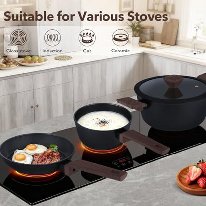 PRAMEDIA 9Pcs Pots and Pans Set Nonstick,Induction Cookware Set Kitchen Cooking Sets,Healthy Non-Toxic Pots and Pan set,Non Stick with Grill Pan& Stay-Cool Handles (PFOS, PFOA Free),Black