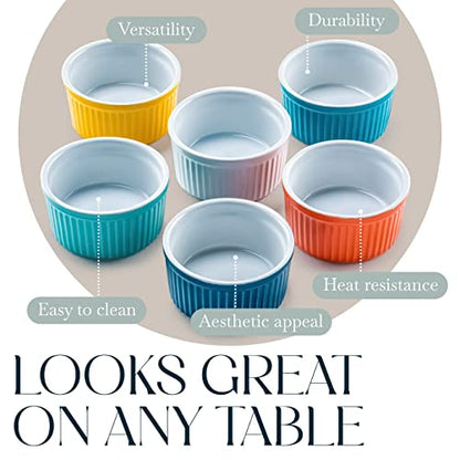 Bellemain 4 oz Porcelain Mini Bowls | Ramekins, Custard Cups, Mini Cheesecake Pans, Small Baking Dish, Dipping Sauce Bowls, Small Casserole Dishes, Ramekins Oven Safe to 500F, Set of 6 (Multi)