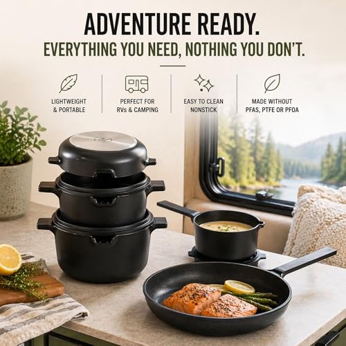 Alva Neat 5-Piece Nonstick Nesting Cookware Set, Lightweight Pots & Pans Set, Easy to Store, Induction + Oven Safe, Made Without PFAS, PTFE or PFOA, Non Stick Cookware Set for Small Kitchens and RVs