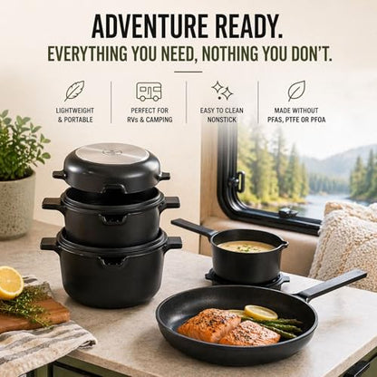 Alva Neat 5-Piece Nonstick Nesting Cookware Set, Lightweight Pots & Pans Set, Easy to Store, Induction + Oven Safe, Made Without PFAS, PTFE or PFOA, Non Stick Cookware Set for Small Kitchens and RVs