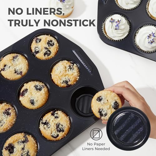 HONGBAKE 9-Piece Non Stick Baking Pans Set with Wave Texture for Reduced Oil, 0.8mm Thick Non Toxic Bakeware Sets, Includes Stackable Cookie Sheets for Oven Cooking, Cake Pan, Muffin Pan, Blue