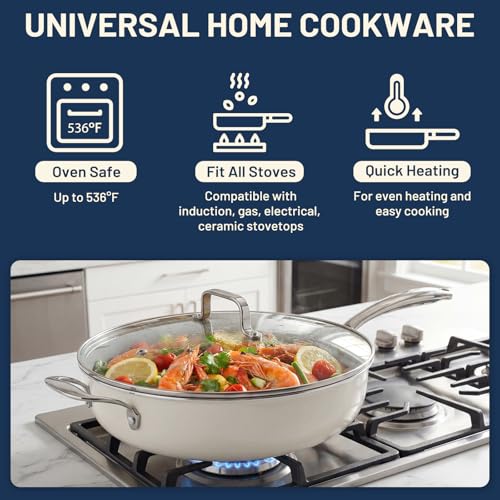 Kikcoin Nonstick Frying Pan with Lid - 12 inch Ceramic Deep Frying Pan for Cooking - 5 QT Large Saute Pan with Stay Cool Handle, Induction Ready, PFAS/PTFE/PFOA Free, All Oven/Dishwasher Safe