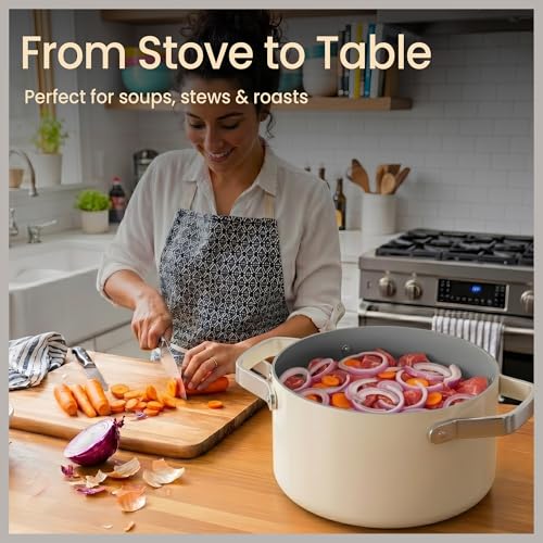 Bakken 16 Quart Ceramic Coated Stock Pot with Lid, Easy Clean Nonstick Pot, Tempered Glass Lid, Riveted Stainless Steel Handles, Oven Safe Up To 500°F, PTFE & PFAS Free, All Stove Compatible, Cream