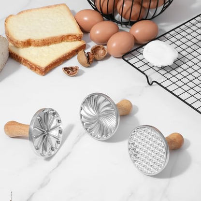 Afcabakila Cookie Stamps Biscuit Cutter Set, 3 Molds Metal Cookie Press And 5 Size Cookies Cutter Set, Zinc Alloy Embossing Stamper With Wooden Handle, Food Grade Stainless Steel Cutters For DIY Baki