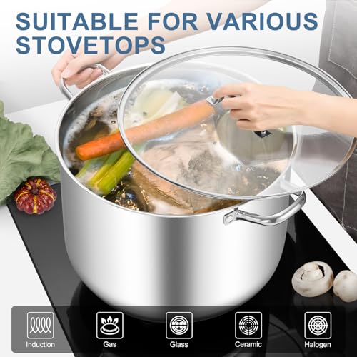 TeamFar Stainless Steel Stock Pot, 24QT Large Stockpot Tri-ply Bottom Cooking Soup Pot with Glass Lid, for Induction Gas Glass Stovetops, Non Toxic & Heavy Duty, Large Size & Easy Clean