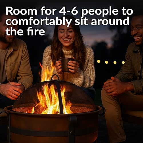 Sunnydaze 29-Inch Cauldron Wood-Burning Outdoor Fire Pit for Patio and Backyard - Round Steel Outside Firepit Bowl with Removable Ash Pan, Spark Screen, and Poker Tool - Dark Bronze Finish
