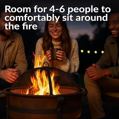 Sunnydaze 29-Inch Cauldron Wood-Burning Outdoor Fire Pit for Patio and Backyard - Round Steel Outside Firepit Bowl with Removable Ash Pan, Spark Screen, and Poker Tool - Dark Bronze Finish