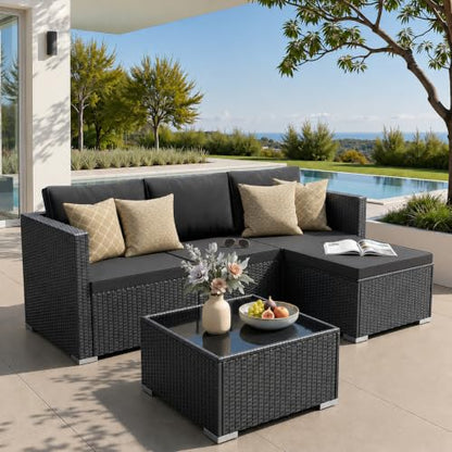 WWR Patio Furniture Set 5 Piece - Wide Armrests - All-Weather Wicker Rattan Outdoor Conversation Couch Sets, Modular Sectional Sofa for Garden, Patio, Poolside, Backyard, Balcony, Porch