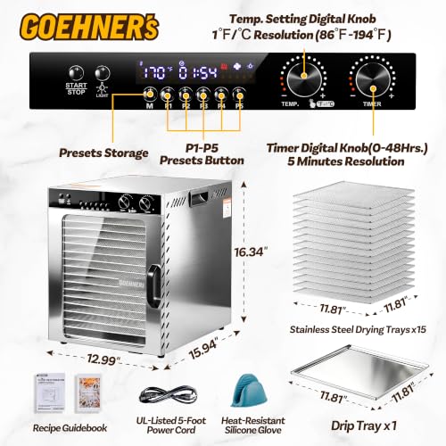 Food Dehydrator for Jerky 15 Trays, 1100W Meat Dehydrator Machine Up to 194°F with 5 Presets & 48H Timer, Food Dryer for Dog Treats, Herbs, Fruit and Veggies