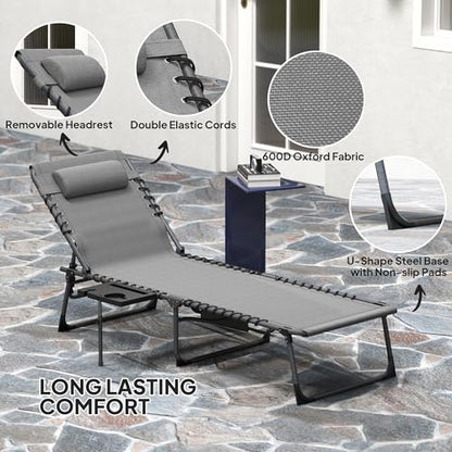 Outsunny Folding Chaise Lounge Chair Outdoor Tanning Chair with Side Table, 5-Level Adjustable Beach Lounge Chair with Headrest, Side Pocket for Patio, Backyard, Beach, Poolside, Gray