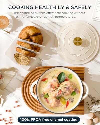 Enameled Cast Iron Dutch Oven - 7.5QT Pot with Lid & Cotton Potholders - Heavy-Duty Cookware for Braising, Stews, Roasting, Bread Baking, Oven Safe up to 500° F & Across All Cooktops, Cream White