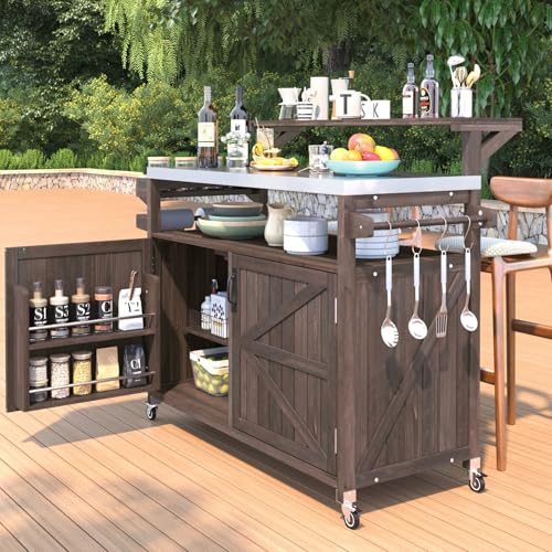 Outdoor Kitchen Island with Stainless Steel Top, 53.3" Rolling Grill Cart with Adjustable Shelves, Raised Shelf, Lockable Wheels, Portable Outdoor Table and Bar Storage Cabinet for Patio