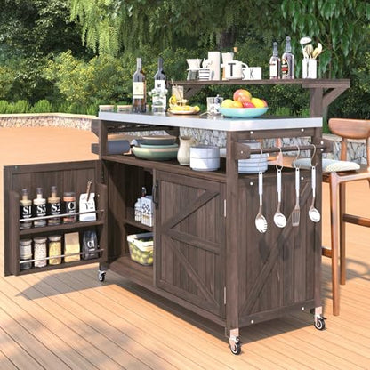 Outdoor Kitchen Island with Stainless Steel Top, 53.3" Rolling Grill Cart with Adjustable Shelves, Raised Shelf, Lockable Wheels, Portable Outdoor Table and Bar Storage Cabinet for Patio