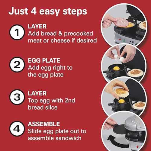 Hamilton Beach Dual Breakfast Sandwich Maker with Timer, Ready in 5 Minutes, Removable Dishwasher Safe PFAS-Free Non-Stick Egg Cooker Ring, Silver (25490MNA)