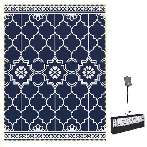 Outsunny Reversible Outdoor Rug Carpet with LED Lights, 12' x 9' PP Straw Rug, Portable RV Camping Mat with Carry Bag and Ground Stakes for Backyard, Deck, Picnic, Beach, Dark Blue and White