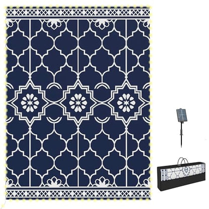Outsunny Reversible Outdoor Rug Carpet with LED Lights, 12' x 9' PP Straw Rug, Portable RV Camping Mat with Carry Bag and Ground Stakes for Backyard, Deck, Picnic, Beach, Dark Blue and White