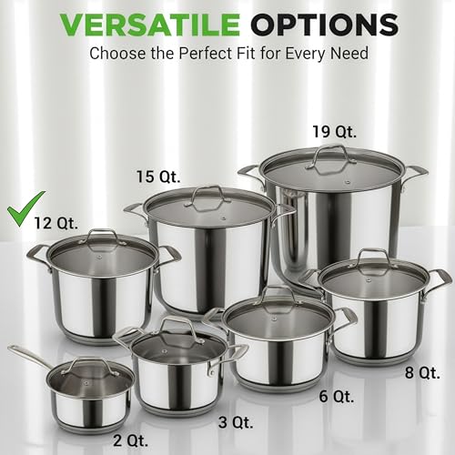 NutriChef 12 Quart Stainless Steel Stock Pot with Lid | Induction Cookware for Home & Commercial Use | Heavy Duty Cooking Pot for Boiling or Simmering Soup, Pasta, Seafood, and Sauces