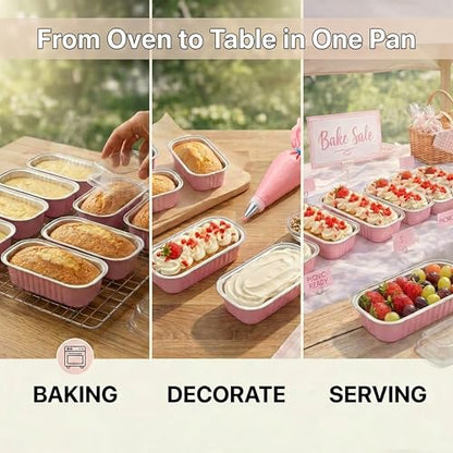YQER 100 Pack Mini Loaf Pans with Lids and Spoons Sealing Sticker, 6.8oz Mini Cake Pans for Baking, Disposable Aluminum Foil Loaf Pans, Pink Loaf Baking Pans, Small Cake Containers With Lids