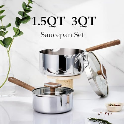 CAROTE1.5Qt & 3Qt Stainless Steel Saucepan Set, Triple Ply Stainless Steel Pot, Saucepan with Glass Lid, Small Sauce Pot with Wooden Handle, Easy Pour Rim, Mothers Day Gifts