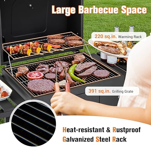 HAPPYGRILL Charcoal Grill, Heavy Duty Cooking Grill with 2 Foldable Side Tables, 8 Hooks, Storage Shelf, 2 Wheels, Flame Control, Outdoor BBQ Grill for Picnic Party Camping Backyard Patio