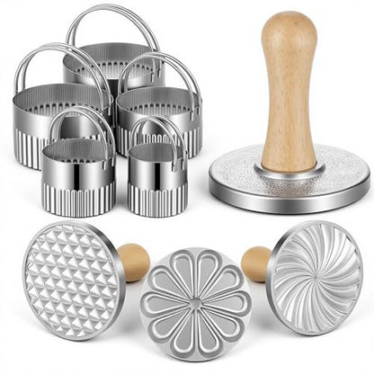 3PCS Aluminum Alloy Cookie Press Embossing Stamps with 5-Piece Round Stainless Steel Fluted Mousse Rings Set, Wood Handle Metal Mold Cutter Tools for DIY Baking Cookies Cakes Pastries Decorating