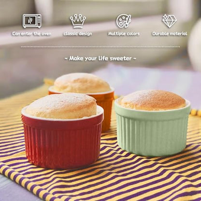 Ramekins with Lids 8 Oz - Set of 6, Ceramic Souffle Creme Brulee Ramekins with Covers, Colorful Custard Cups for Baking, Ceramic Custard Cups Safe and Dishwash Safe