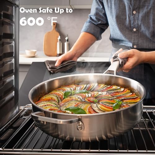VocVoi Saute Pan,7 Quart Saute pan,Stainless Steel Cookware,skillet,12.5 inch Stainless Steel Saute Pans with Lid,Dishwasher and Oven Safe, Works on All Cooktops