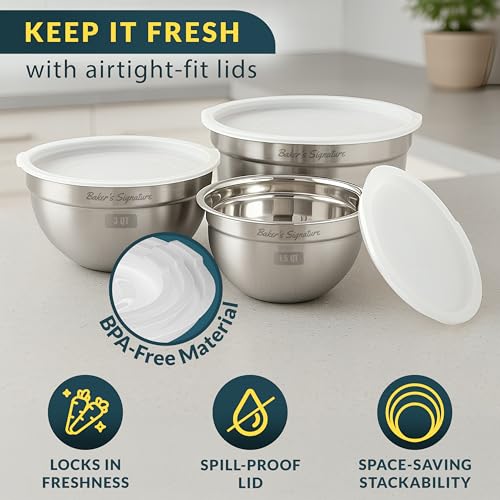 Baker's Signature Stainless Steel Mixing Bowls With Lid, Metal Mixing Bowl Set Of 3, Nesting Set For Food Prep, Baking,Storage, Cooking, Serving | Dishwasher Safe, Silver, 1.5/3/5 Qt