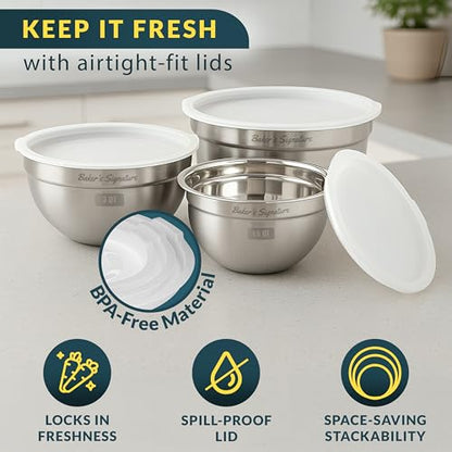 Baker's Signature Stainless Steel Mixing Bowls With Lid, Metal Mixing Bowl Set Of 3, Nesting Set For Food Prep, Baking,Storage, Cooking, Serving | Dishwasher Safe, Silver, 1.5/3/5 Qt