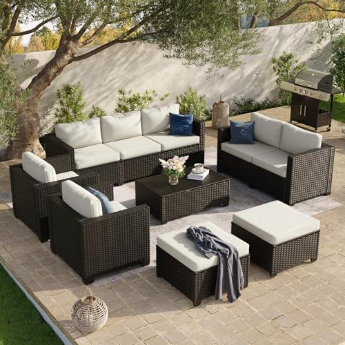 Aoxun 10 Piece Outdoor Patio Furniture Set 9 Seats, Outdoor Sectional with Thick Waterproof Cushions, Patio Conversation Sets for Garden,Backyard, Porch, Balcony, Black & Beige