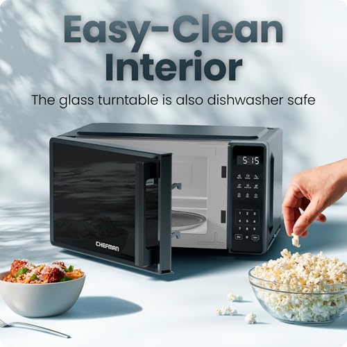 Chefman Countertop Microwave Oven 0.7 Cu. Ft., 700 Watts with 10 Power Levels, 6 Cooking Presets with One-Touch Express Cook, Eco Mode, Child Safety Lock, & Mute Button - Black