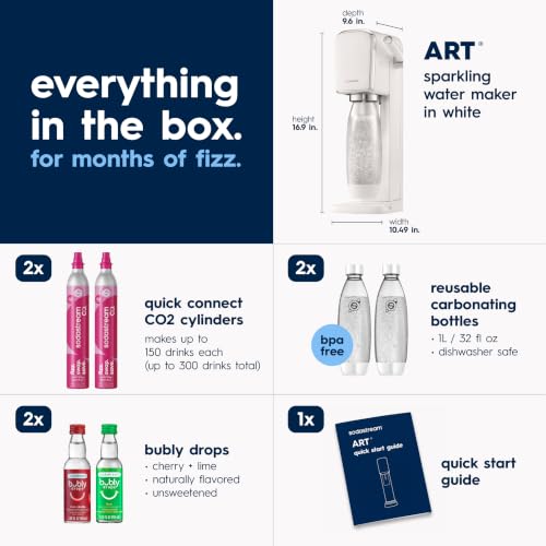 SodaStream ART Sparkling Water Maker, Value Bundle, Soda Maker, Includes 2 Quick Connect 60L CO2 Cylinders, 2 Dishwasher Safe BPA Free Bottles, 2 bubly Flavor Drops, Make your own Pepsi, White