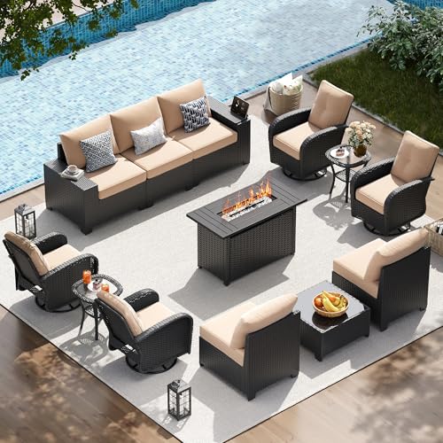 LazySunsets 13 PCS Patio Furniture Set with 44'' Fire Pit Table, Outdoor Sectional All-Weather Wicker Conversation Set with Swivel Rocker Chairs, 4'' Thick Cushions for Backyard Poolside(Cream/Black)