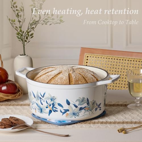 CAROTE 7QT Cast Iron Dutch Oven Pot with Lid, Enameled Floral Dutch Ovens with Cotton Potholders & Oven Gloves, Versatile Heavy-Duty Cookware for Sourdough Bread Baking, Braising, Stews, All Stovetop Compatible, Oven Safe up to 500° F, White & Blue
