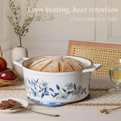 CAROTE 7QT Cast Iron Dutch Oven Pot with Lid, Enameled Floral Dutch Ovens with Cotton Potholders & Oven Gloves, Versatile Heavy-Duty Cookware for Sourdough Bread Baking, Braising, Stews, All Stovetop Compatible, Oven Safe up to 500° F, White & Blue