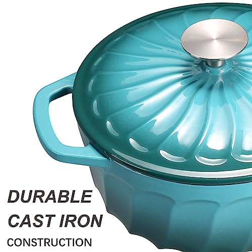 Enameled Cast Iron Dutch Oven with Lid, 3 QT Cast Iron Dutch Oven Pot, Heavy Duty Cast Iron Pot for for Bread Baking, Cook, Bake, Oven Safe across All Cooktops (BlueGreen,3 QT)