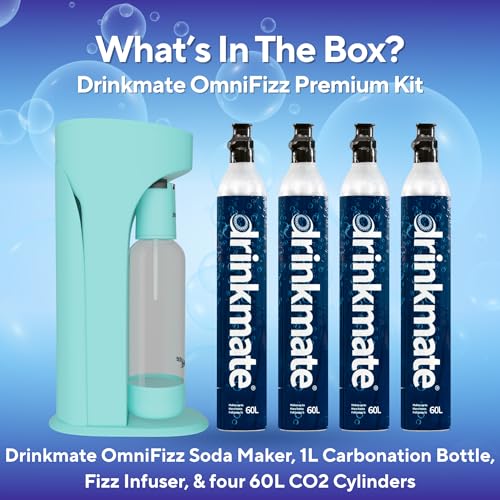 Drinkmate OmniFizz Sparkling Water Maker & Soda Streaming Machine | Carbonates Any Drink | PREMIUM KIT | Includes Four 60L CO2 Cartridges + One BPA-Free Bottle (Arctic Blue)