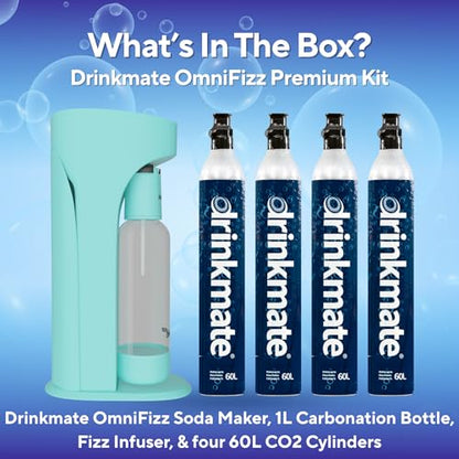 Drinkmate OmniFizz Sparkling Water Maker & Soda Streaming Machine | Carbonates Any Drink | PREMIUM KIT | Includes Four 60L CO2 Cartridges + One BPA-Free Bottle (Arctic Blue)