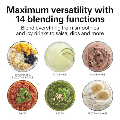 Hamilton Beach Wave Crusher Blender for Smoothies With 40 Oz Glass Jar and 14 Functions, Ice Sabre Blades & 700 Watts for Consistently Smooth Results, Black & Stainless Steel (54220)