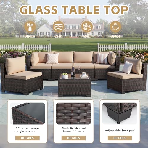 LEVELEVE 7 Pieces Outdoor Patio Furniture Sets,Rattan Conversation Sectional Set,Manual Weaving Wicker Patio Sofa with Tea Table