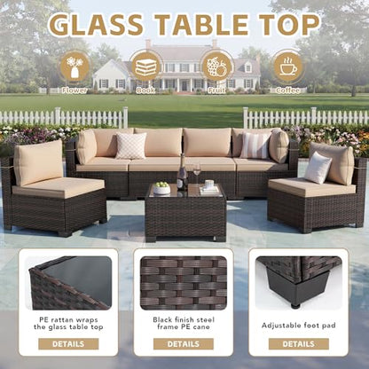 CHABATREE 7pcs Outdoor Patio Furniture Sets,Rattan Conversation Sectional Set,Manual Weaving Wicker Patio Sofa with Tea Table