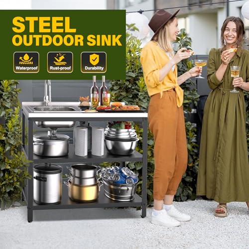 Outdoor Kitchen Island with Sink,36''H Stainless Steel Utility Sink,3T Heavy Duty Pizza Oven Table,Metal BBQ & Grill Stand,Outdoor Cooking Prep Table Freestanding Laundry Sink for Backyard Garage