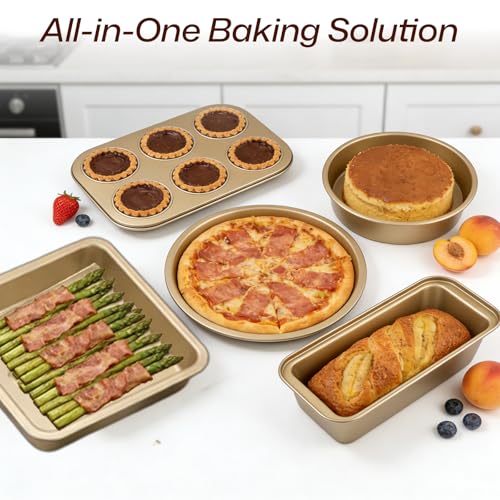BRMUEIX 5-Piece Gold Nonstick Baking Pans Set, Carbon Steel Bakeware Includes Round Cake Pan, 6-Cup Muffin Pan, Square Pan, Pizza Pan, Loaf Pan, Complete Baking Tools for Home Baking & Gift