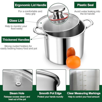P&P CHEF 10 Quart Tri-Ply Stainless Steel Stockpot, Stock Pot with Visible Lid for Soup Pasta Vegetable, Induction Cooking Pot for All Stoves, Sturdy & Double Handle, Dishwasher Safe