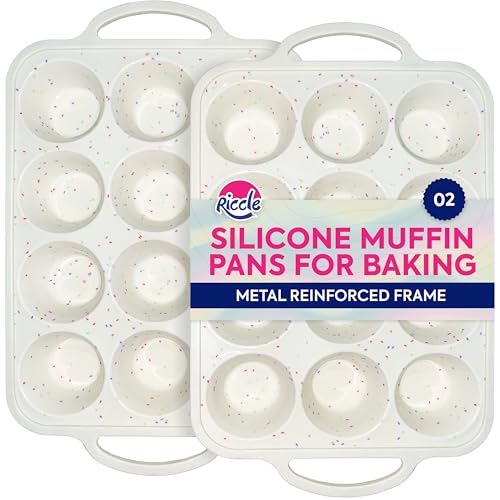 RICCLE Silicone Muffin Pans for Baking with Metal Reinforced Frame, 12-Cup Cupcake Pan, 2 Pcs Muffin Trays for Cupcake Baking, Tray Molds, Oven & Dishwasher Safe, BPA-Free (2 x Regular)