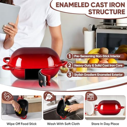 TeamFar Enameled Cast Iron Bread Loaf Pan, 2 QT Oval Dutch Oven with Lid for Sourdough Bread Baking, Enameled Meatloaf Loaf Baking Pan with Lid, Even Heat Distribution & Self-Basting, Red